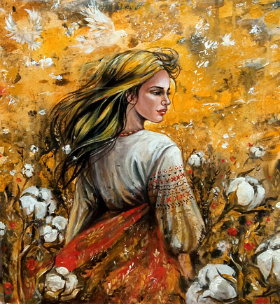 Original acrylic painting, Ukrainian Woman And Cotton, War Art art cotton flower hand painted handmade paint painting ukraine war woman