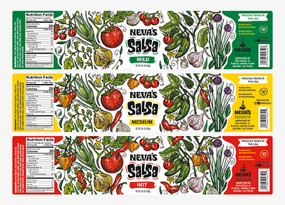 Neva's Salsa Label Designs drawing food packaging garlic graphic design hand drawn illustration illustration art illustrator label design labels line art nevas onion packaging art packaging design packaging illustration peppers salsa tomato vegetables