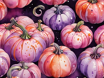 Purple & Pink Pumpkins Seamless Pattern autumn background clipart digital art fall halloween holiday pumpkins seamless pattern thanksgiving watercolor