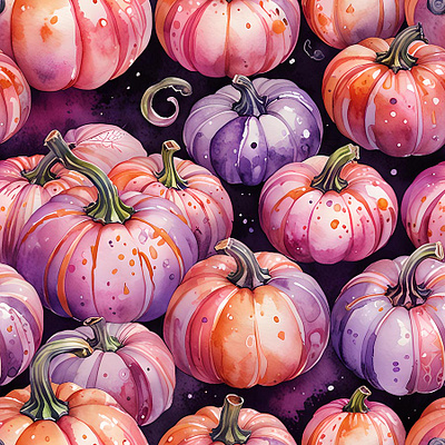 Purple & Pink Pumpkins Seamless Pattern autumn background clipart digital art fall halloween holiday pumpkins seamless pattern thanksgiving watercolor