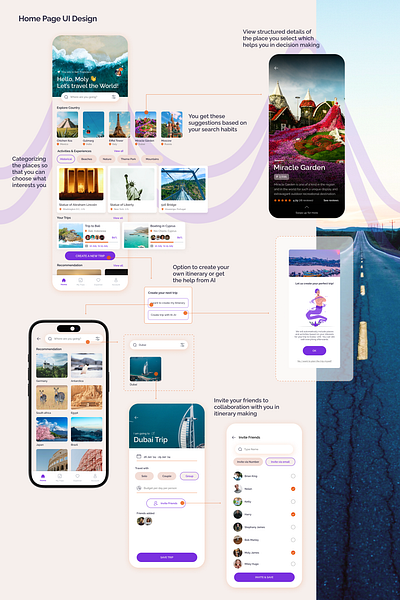 itinerary making app - home page ui flow aesthetic itinerary making app travel app ui design