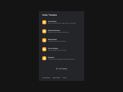 Order timeline dark dark mode dark theme darkmode delivery figma live tracking location order order history order timeline package packed payment product design ui ux