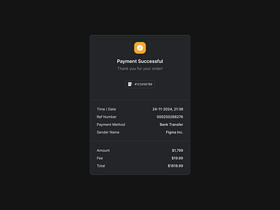 Receipt bank transfer dark dark mode dark theme darkmode fee figma order order details order number payment method payment successful product design receipt thank you ui ux