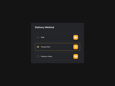 Delivery method dark dark mode dark theme darkmode delivery method figma method modal pickup pickup in store pickup point product design radio selected ship shipping method state ui ux web design