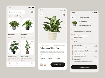 Revitalized Plant Store UI 🌿 clean ui delivery tracking design inspiration dribbble shot e commerce e commerce app green aesthetic interface design minimal design mobile app mobile ui modern design nature inspired plant store product card product design shopping app ui design user experience ux design