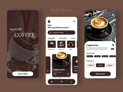 Coffee Shop UI Design app inspiration app interface beverage app coffee app coffee lover coffee ordering coffee shop dark mode dark theme food drink food ui interactive ui latte design minimal design mobile app mobile ux modern ui product showcase ui design ux design