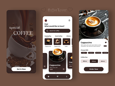 Coffee Shop UI Design app inspiration app interface beverage app coffee app coffee lover coffee ordering coffee shop dark mode dark theme food drink food ui interactive ui latte design minimal design mobile app mobile ux modern ui product showcase ui design ux design