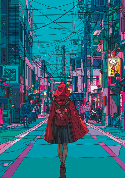 RED HOOD architecture art digital illustration night painting red riding hood street