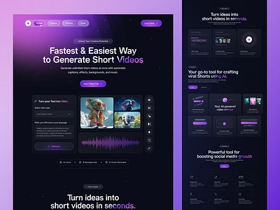 AI Video Creating Software Landing Page ai landing page ai tool ui ai video creator ai video generator landing page ai website design landing page modern saas design no code builder no code website saas landing page software website design video creation software video editing vidio editor landing page web design