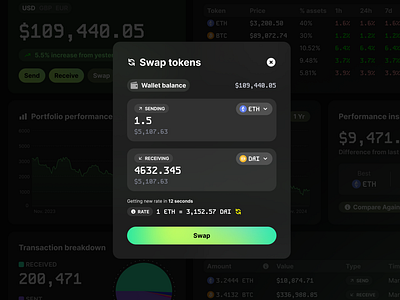 Swap tokens app blockchain dashboard design ui ux web3