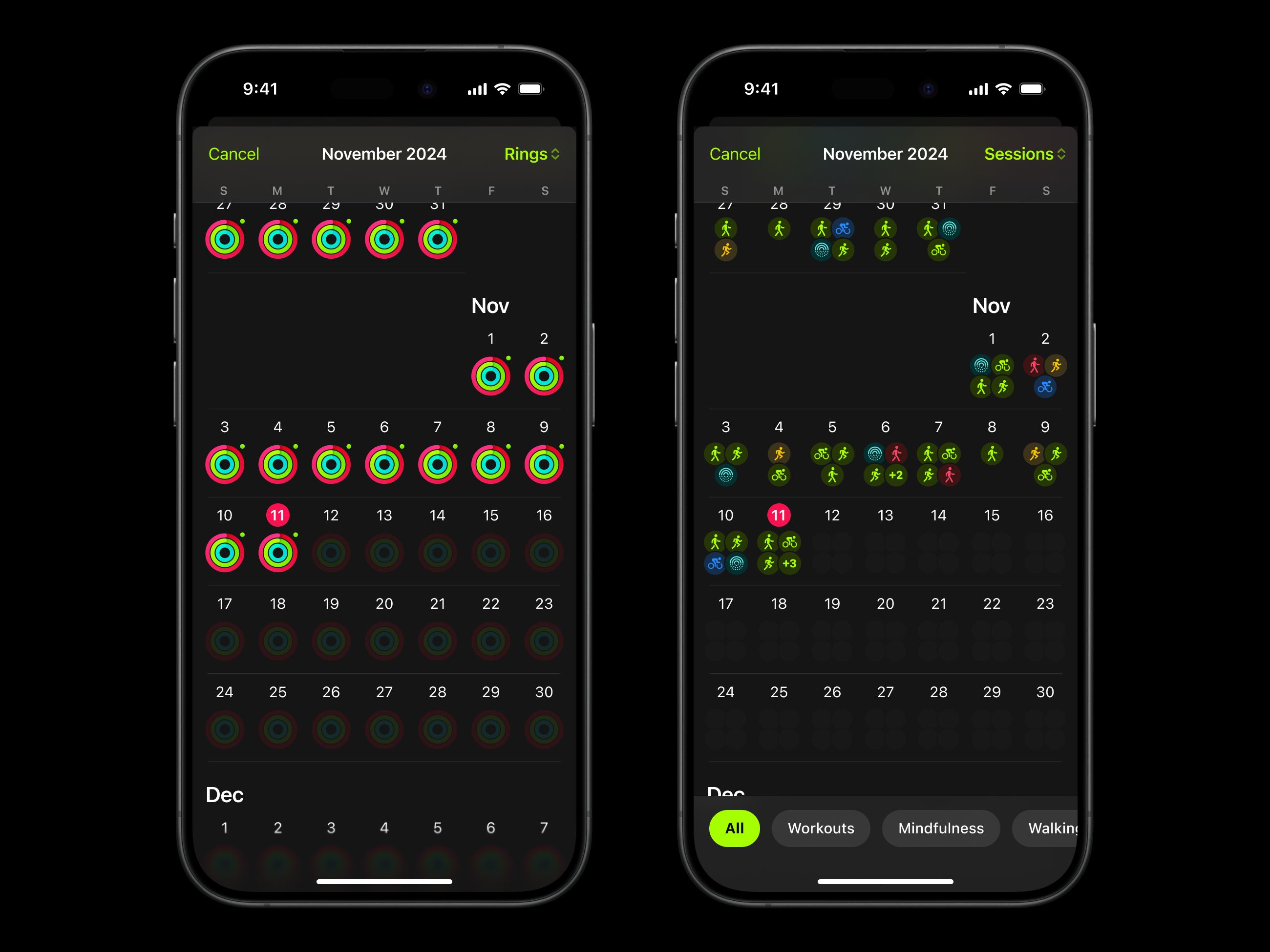 Calendar View - Apple Fitness Training Sessions apple fitness apple watch calender close your rings dark mode exercise health ios iphone meditation mindfulness modal view product design progressive blur rings training ui ux walking running cycling workout
