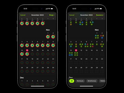 Calendar View - Apple Fitness Training Sessions apple fitness apple watch calender close your rings dark mode exercise health ios iphone meditation mindfulness modal view monthly view progressive blur rings training ui ux walking running cycling workout