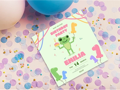 Сhildren's greeting card 1th year adobe illustrator animals birthday party cake design digital invitation card flat frog graphic design happy birthday illustration typography vector