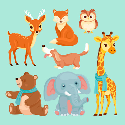 Cute animal vector set animals bear cartoon cute deer design dog elephant flat design geraffee illustration owl vector wild wolf zoo