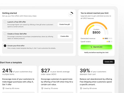 Upsells dashboard for new users card ui dashboard dashboard design empty state graph light theme minimalism minimalistic progress ui