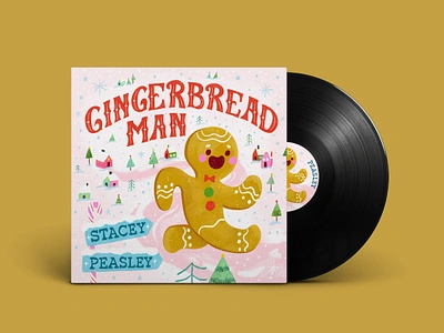 Gingerbread Man Festive Single Cover Art album cover design art licensing branding christmas trees cozy holiday cute village editorial design festive art gingerbread gingerbread man graphic design hand lettering holiday art music album illustration snow snowy village typography winter illustration winter scene winter wondeerland