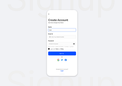 001 Signup UI Screen app cleanui creative design design designsysstem figma interactive design minimalist mobile design mobile interface signup ui ux