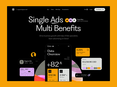 Web UI ads analytics clean dark ui dark website data design header hero landing page product design social media typography ui ui ux user experience ux web design web ui website