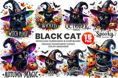 Watercolor Halloween Fall Theme Spooky Black Cat Witch Sublimati skull