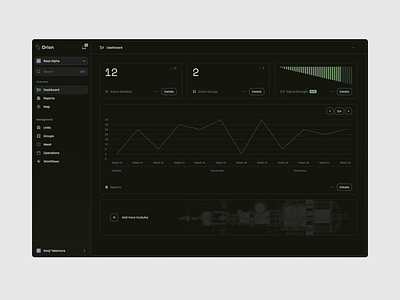 Orion: Dashboard app chart cosmos dashboard desktop graph minimal product design satellite sidebar tracking ui universe ux web widget