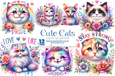 Watercolor Cute Cat Sublimation Clipart Bundle watercolor cat png bundle.