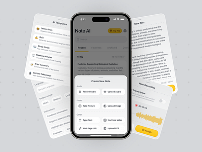 Note AI - an AI-Powered Note Taker App ai app artificial intelligence chat filter flashcard meeting modal note onboarding premium pricing referral settings transcript ui