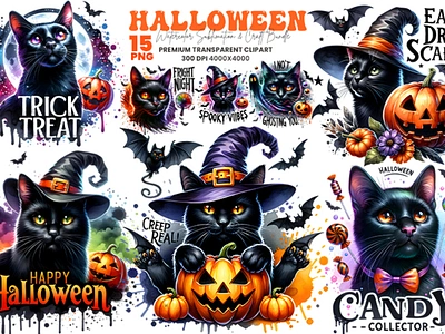 Watercolor Halloween Black Cat Witch Clipart Bundle ghostly cat clipart