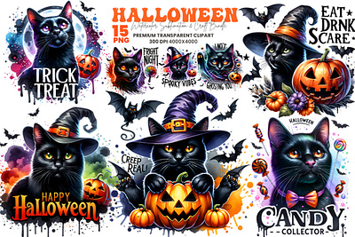 Watercolor Halloween Black Cat Witch Clipart Bundle ghostly cat clipart