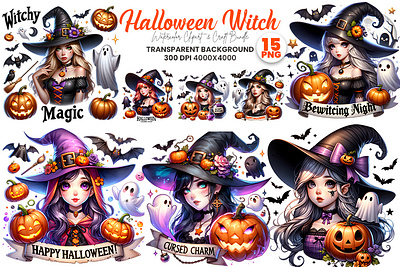 Halloween Witch illustration Clipart Bundle witch silhouette