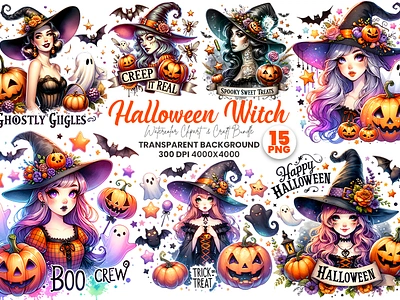 Halloween Witch illustration Clipart Bundle Pastel Colors witch silhouette