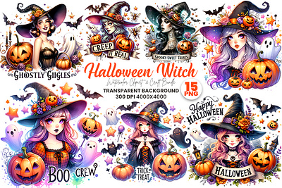 Halloween Witch illustration Clipart Bundle Pastel Colors witch silhouette