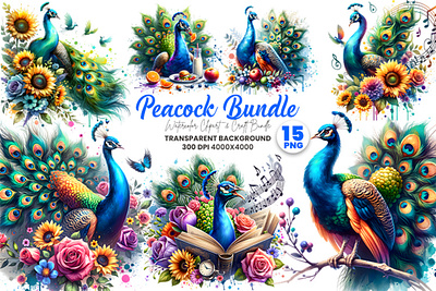 Watercolor Peacock Sublimation Clipart Bundle peacock decoration