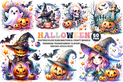 Watercolor Halloween Season Sublimation Clipart Bundle halloween treats