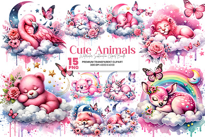 Watercolor Pink Cute Animals Sleeping Sublimation Clipart Bundle sleeping bunny