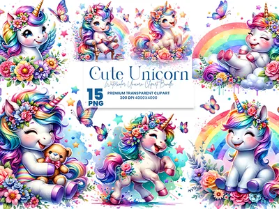 Watercolor Unicorn Sublimation Clipart Bundle unicorn silhouette