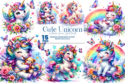 Watercolor Unicorn Sublimation Clipart Bundle unicorn silhouette