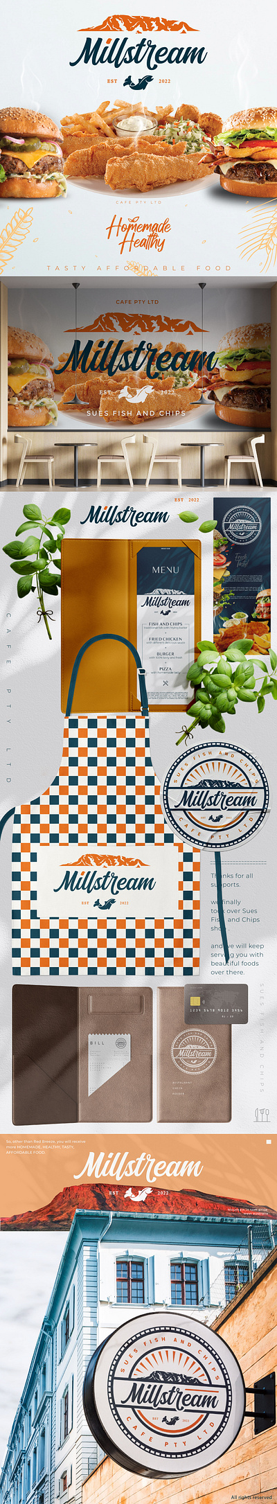 millstream cafe 3d animation brand branding burger logo cafe design fish logo graphic design illustration logo logo cafe logo design logo food logo modern motion graphics mountain ui ux vector