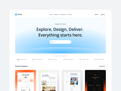 Storify 🛍️ blue clean digital goods ecommerce framer hero desgin hero section light ui marketplace product design search component template ui ui components ui design user interface ux web design webdesign webflow