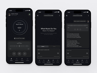 Musiqi - AI Music Generator ai ai generative app artificial intelligence assistant bot chatgpt content dark dark theme design generative mobile mobile app modern music musice generator prompt ui ux