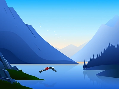 Enjoy The Present art illustration blue cloud design digital art digital illustration diving drawing illustration lake landscape mountain nature painting people sky summer tree vector illustration wallpaper