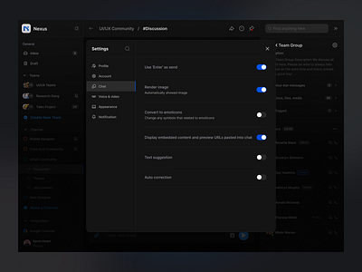 Finance Dashboard - Settings Chat Page cansaas chat chat setting clean conversation dark dark mode dashboard design finance finance app fintech interface message product product design saas setting ui ux