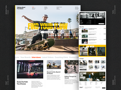 Landing Page Design Exploration - Skateboard Website articles bold branding clean design homepage landing page list music photography skateboard sport thumbnail typography ui videos website whitespace