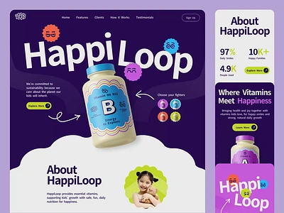 Happi Loop : Kids Vitamin - Website Landing Page animation brand branding checkout design ecommerce home page landing page motion graphics playful website product supplement ui ux vitamin web web design website website animation website design