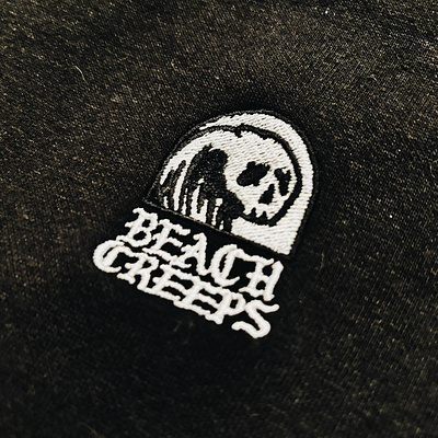 Beach Creeps - Crest blackletter crest embroidery skull surf wave