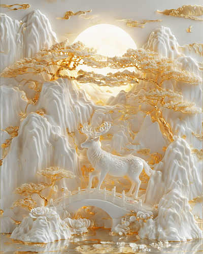 Landscape and deer carved from white jade 3d c4d design