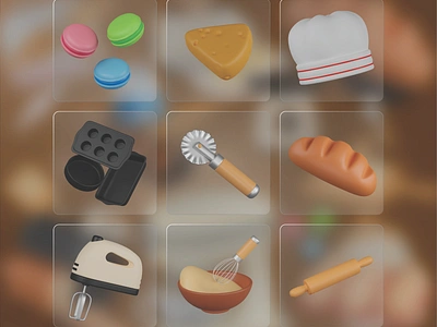 Baking 3D Icon Pack 3d 3d icons bakering bakery 3d icon baking baking equipment bread cake plates cheese slice chef hat cutting tool dough mixing graphic design hand mixer icons illustration kitchen tools macaron muffin ui