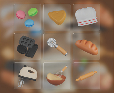 Baking 3D Icon Pack 3d 3d icons bakering bakery 3d icon baking baking equipment bread cake plates cheese slice chef hat cutting tool dough mixing graphic design hand mixer icons illustration kitchen tools macaron muffin ui