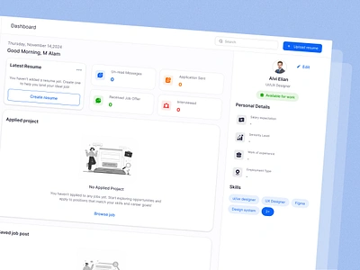 Job seeker dashboard application dashboard design figma header design hero section illustration job seeker dashboard malamuix ui design uiux web app