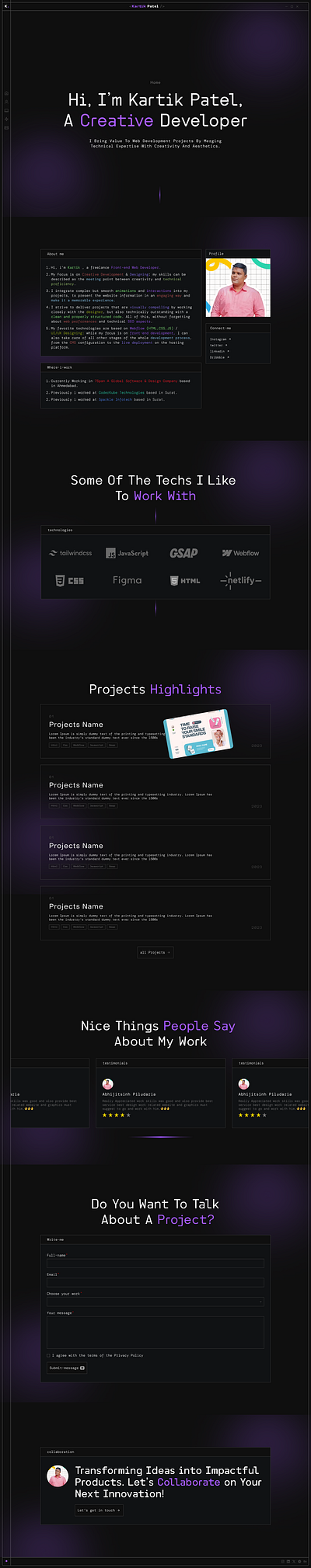 Personal Developer & Designer Portfolio Landing Page Website design ui ux website