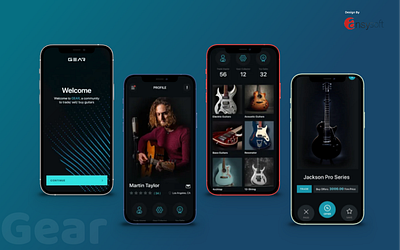 The mobile app named "Gear" has been designed by Ansysoft. accessories adobephotoshop buying guitars mobileapp reliable platform selling trading